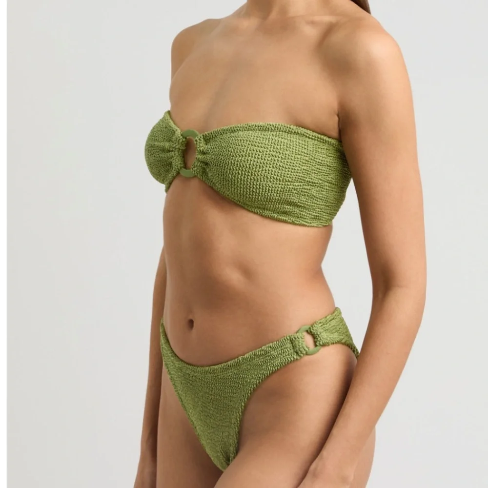 New Hunza G Green Gloria Bikini Set Swimwear One Size Metallic Moss Crinkle